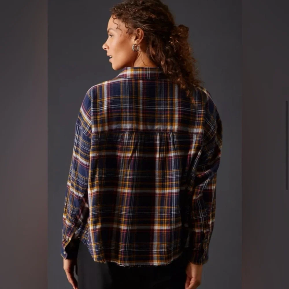 Anthropologie Pilcro Cropped Plaid Button-Down Shirt Top Blue Small Oversized - Picture 2 of 16